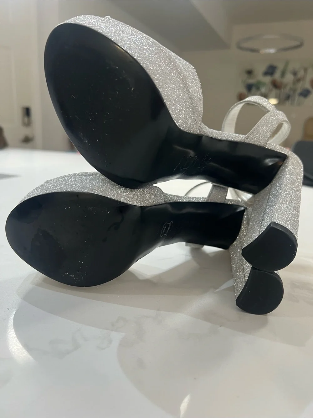 Stuart Weitzman, Silver Glitter Platform Sandals Size 6. Worn 1x